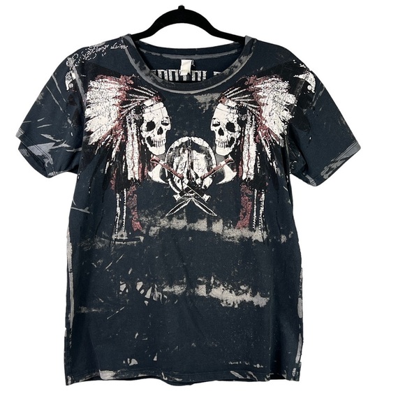Vintage 3Pistols T-Shirt Hand Made Skulls Metal Beading Embossed Size Medium - Picture 1 of 9
